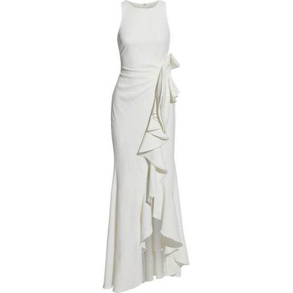 Badgley Mischka Asymmetric Ruffled Bow-embellished Stretch-crepe Gown